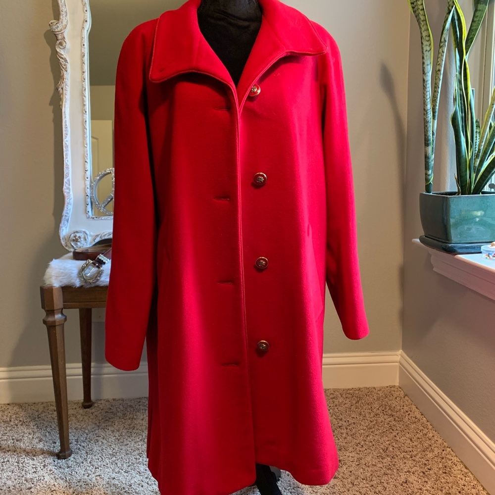 Dennis Basso Red Wool Cashmere Blend Coat Faux Fur Hood with Scarf Size Medium